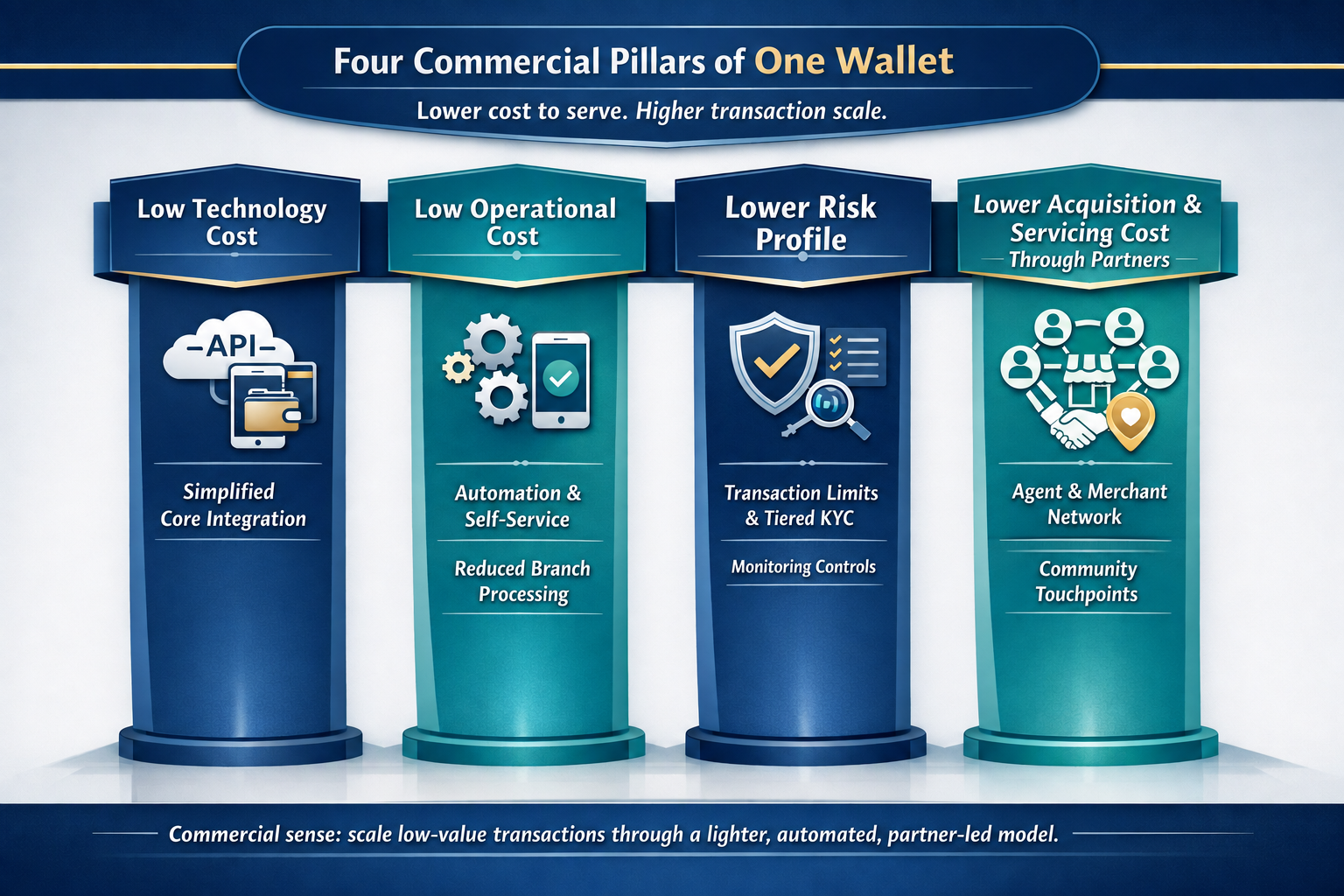 Four commercial pillars of One Wallet: low technology cost, low operational cost, lower risk profile, and lower acquisition and servicing cost through partners.